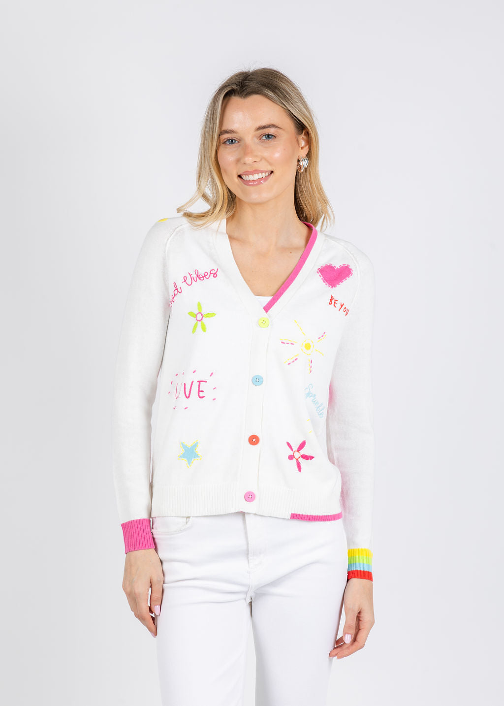 Zaket & Plover Good Vibes Cardigan in White available at Barbara Katz