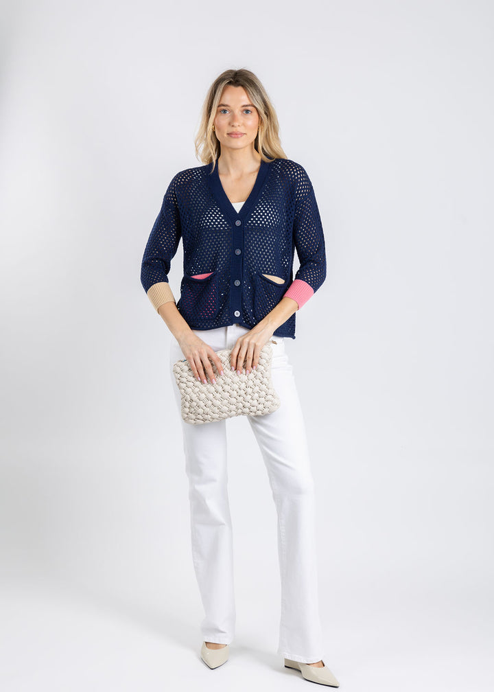 Zaket & Plover Holey Pocket Cardigan in Marine available at Barbara Katz
