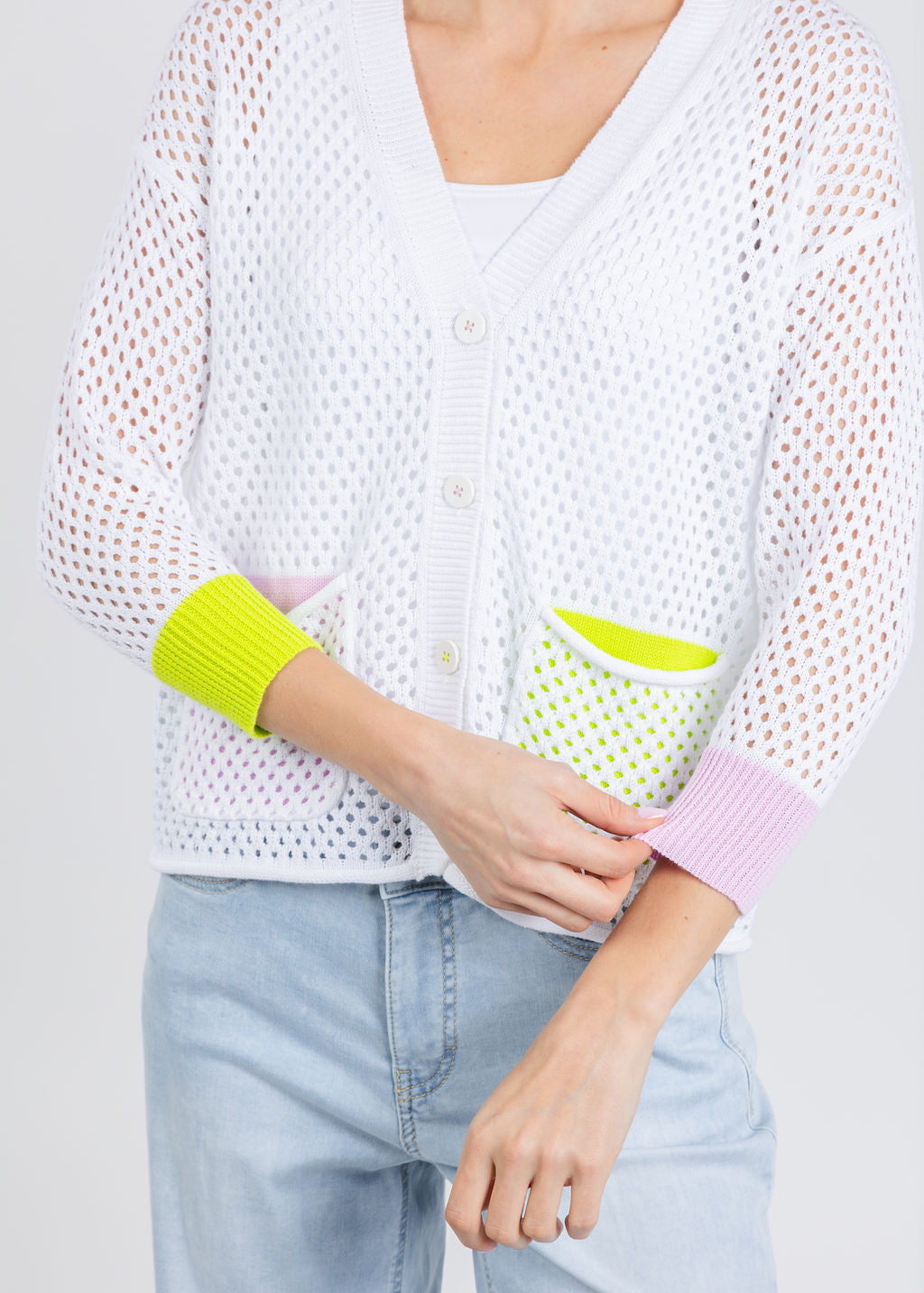 Zaket & Plover Holey Pocket Cardigan in White available at Barbara Katz