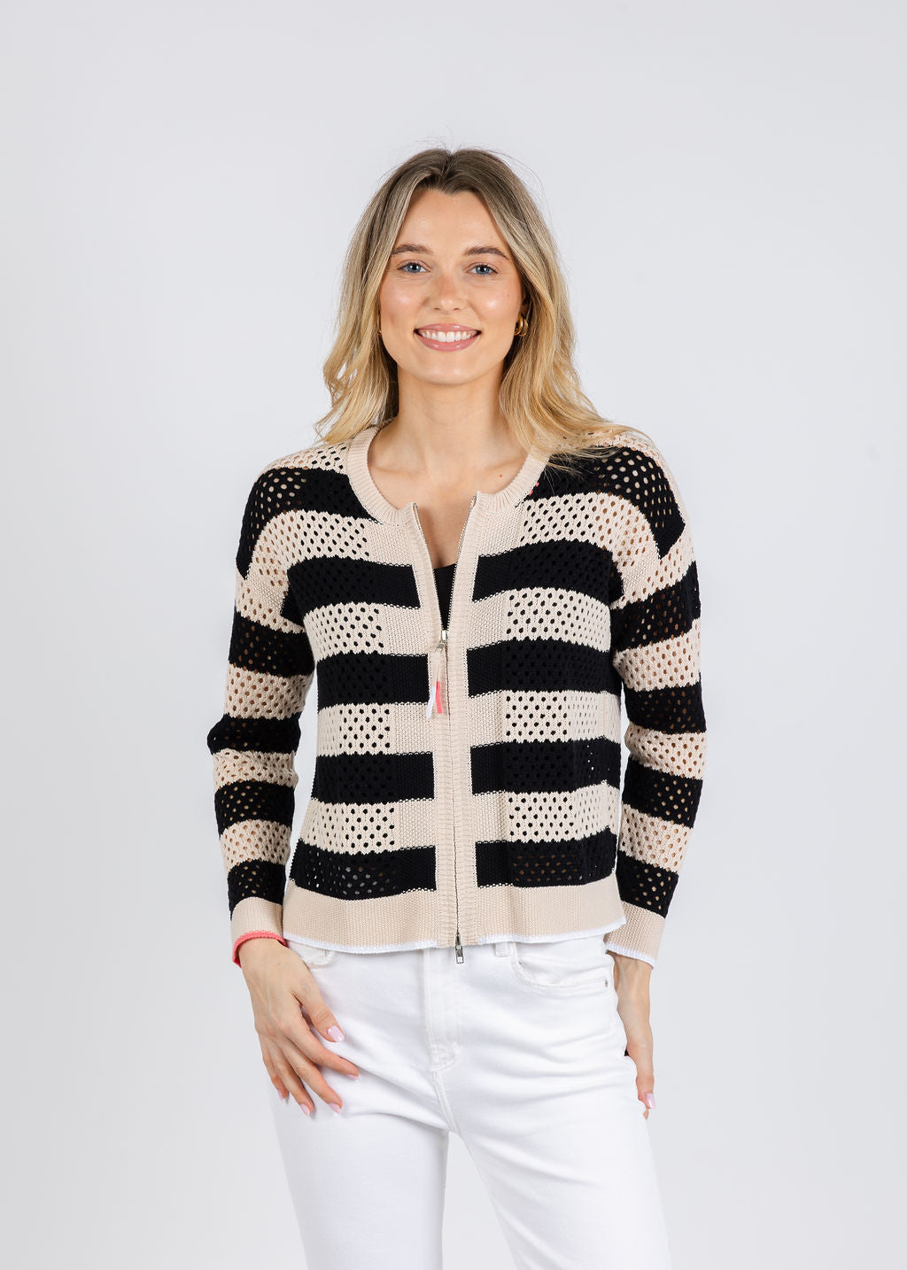 Zaket & Plover Lindy Pointelle Zip Cardigan in Canvas available at Barbara Katz