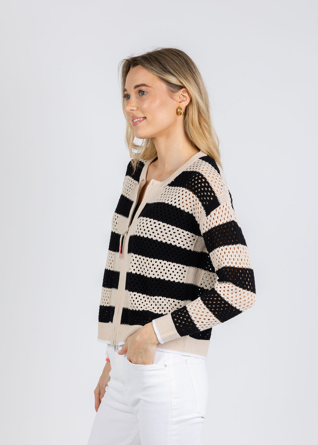 Zaket & Plover Lindy Pointelle Zip Cardigan in Canvas available at Barbara Katz