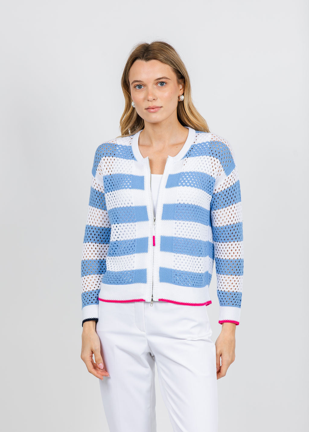 Zaket & Plover Lindy Pointelle Zip Cardigan in White available at Barbara Katz