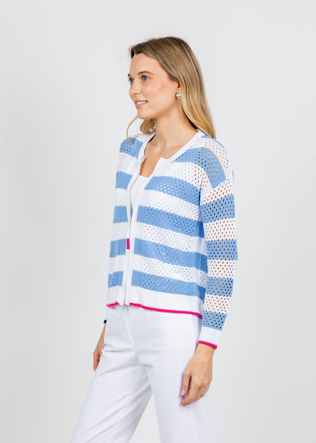 Zaket & Plover Lindy Pointelle Zip Cardigan in White available at Barbara Katz