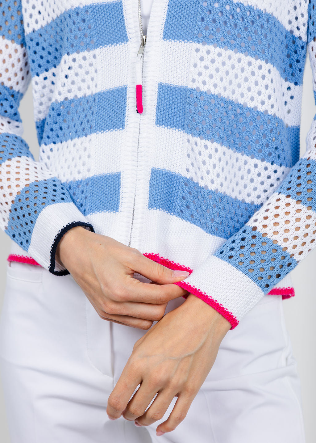 Zaket & Plover Lindy Pointelle Zip Cardigan in White available at Barbara Katz