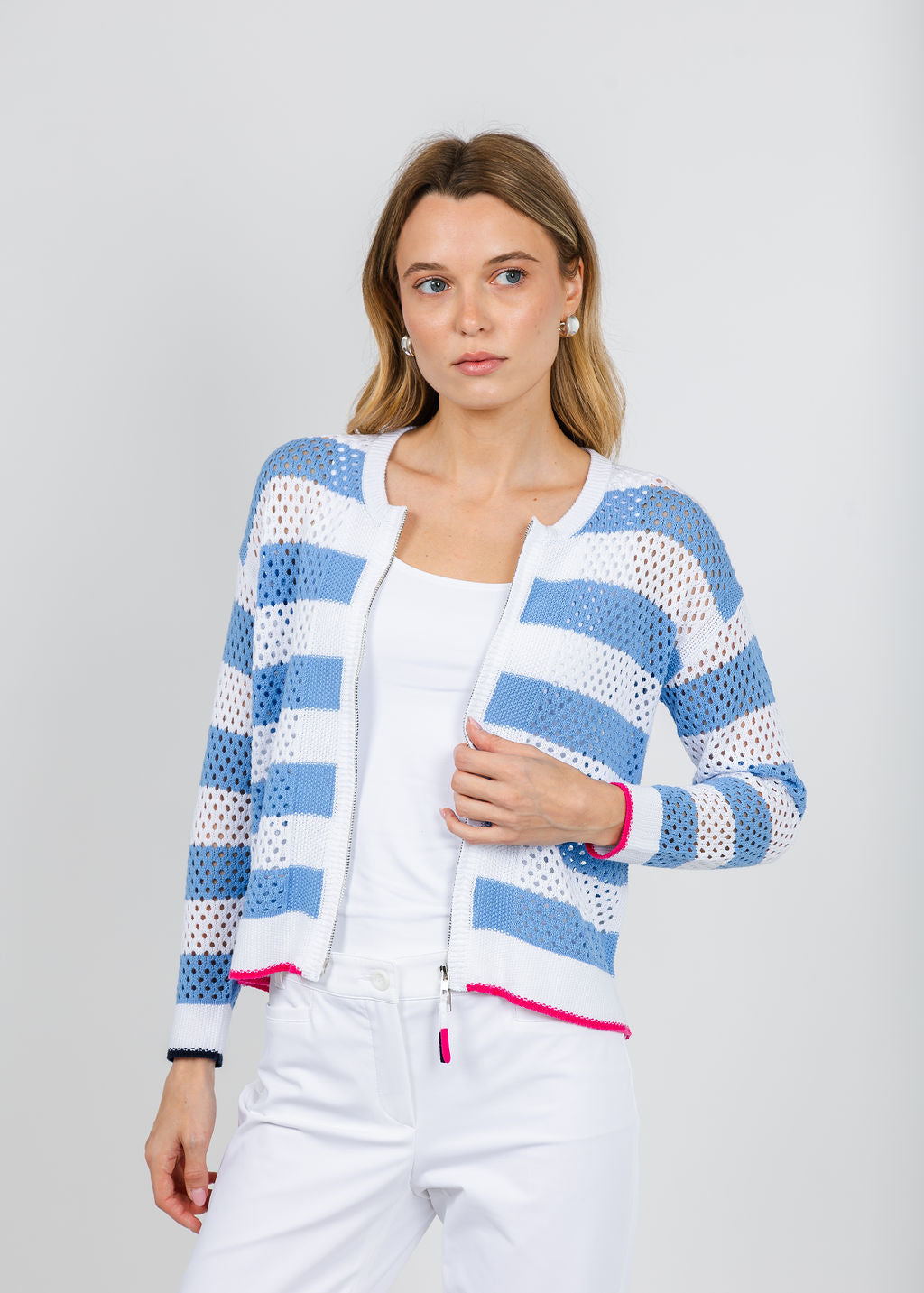 Zaket & Plover Lindy Pointelle Zip Cardigan in White available at Barbara Katz