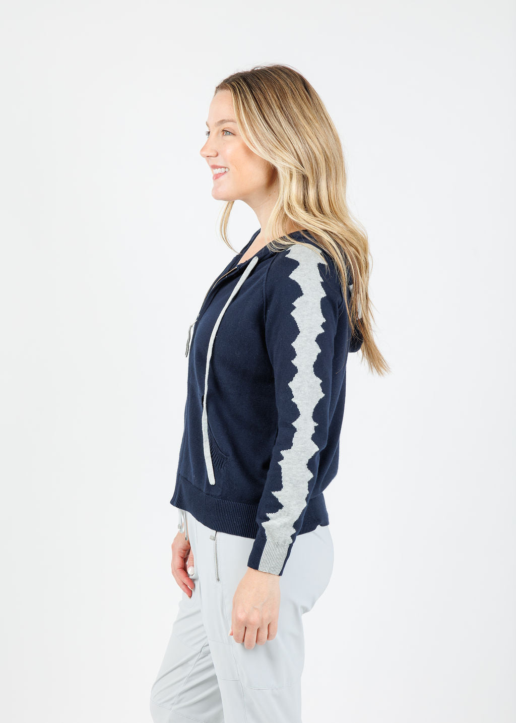 Zaket & Plover Mosaic Intarsia Jaggered Hoodie in Ink available at Barbara Katz