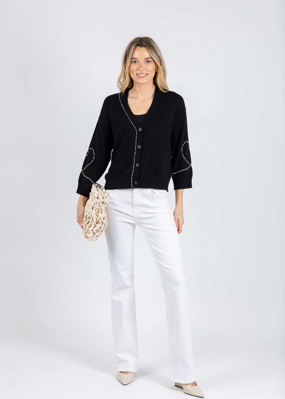 Zaket & Plover Olivia Heart Wide Sleeve Cardigan in Black available at Barbara Katz