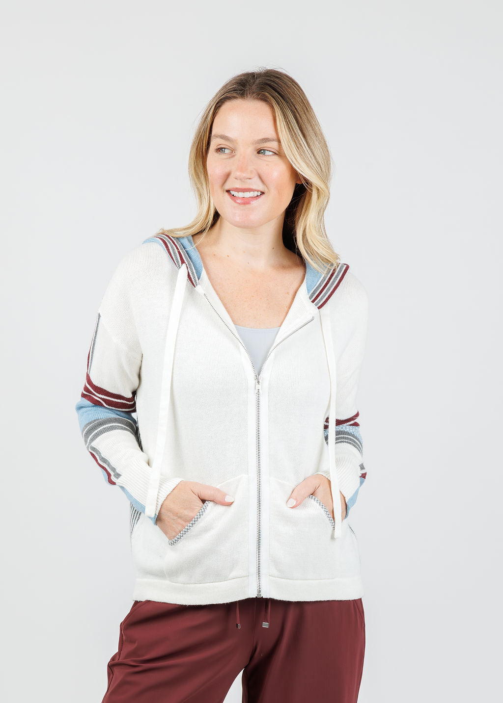 Zaket & Plover Vivian Stripes Zip Up Hoodie in Cream/White available at Barbara Katz
