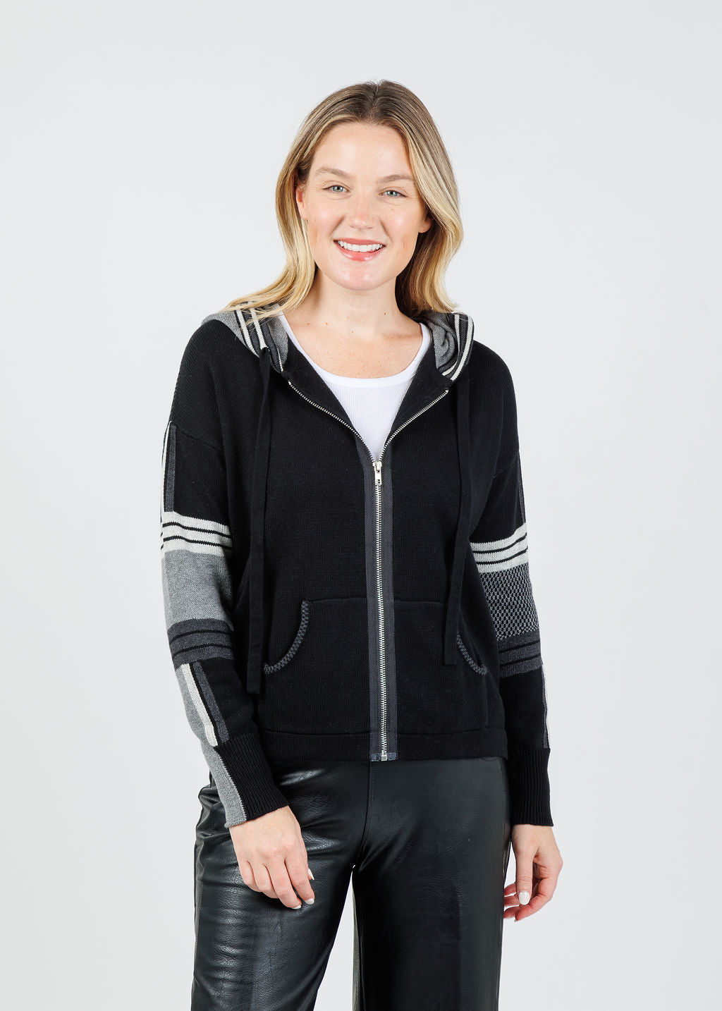 Zaket & Plover Vivian Stripes Zip Up Hoodie in Ebony available at Barbara Katz