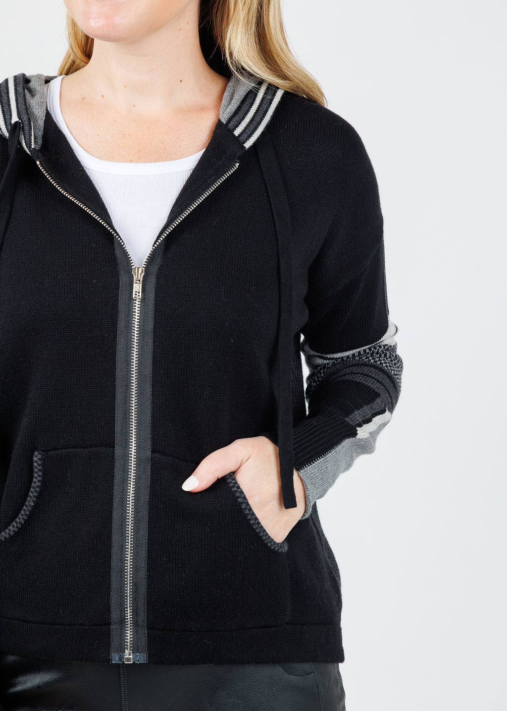 Zaket & Plover Vivian Stripes Zip Up Hoodie in Ebony available at Barbara Katz