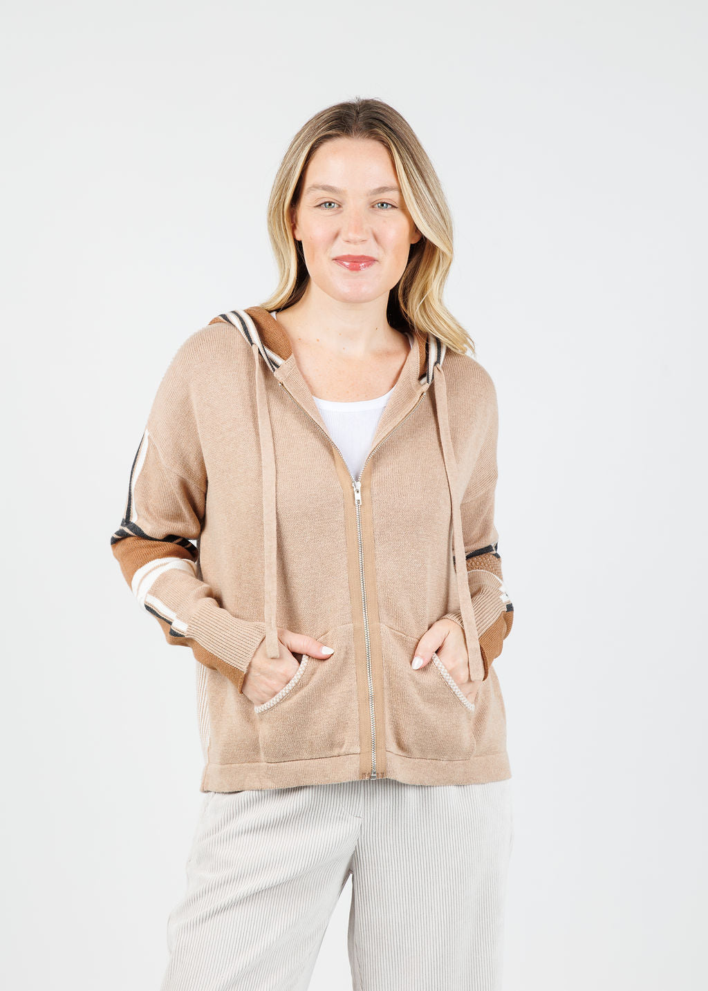 Zaket & Plover Vivian Stripes Zip Up Hoodie in Oatmeal available at Barbara Katz