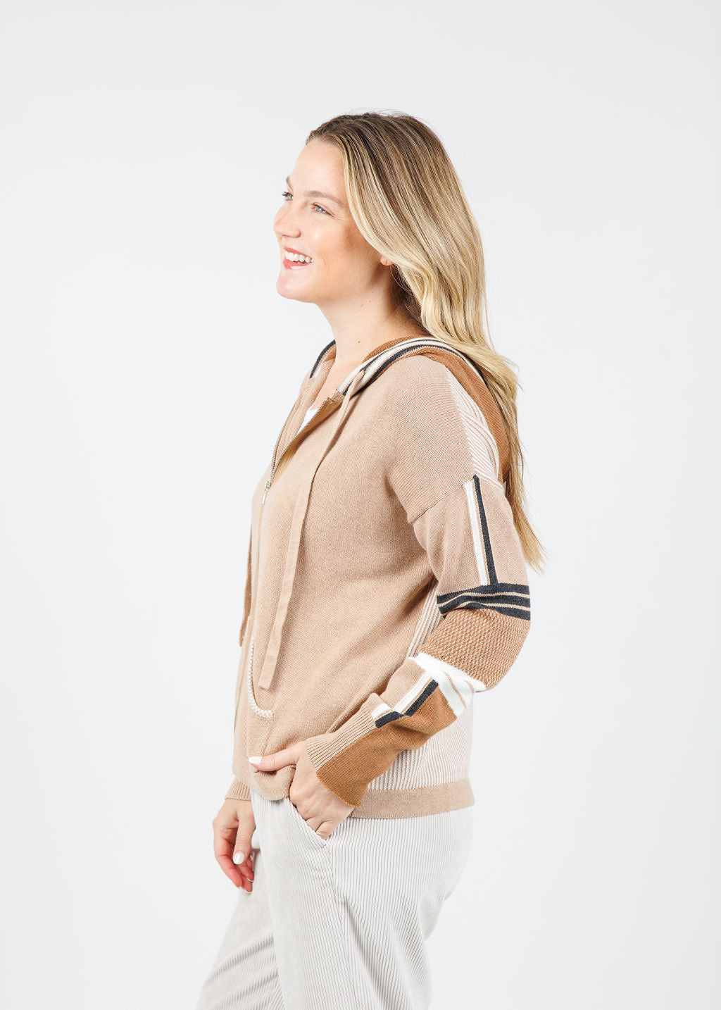Zaket & Plover Vivian Stripes Zip Up Hoodie in Oatmeal available at Barbara Katz