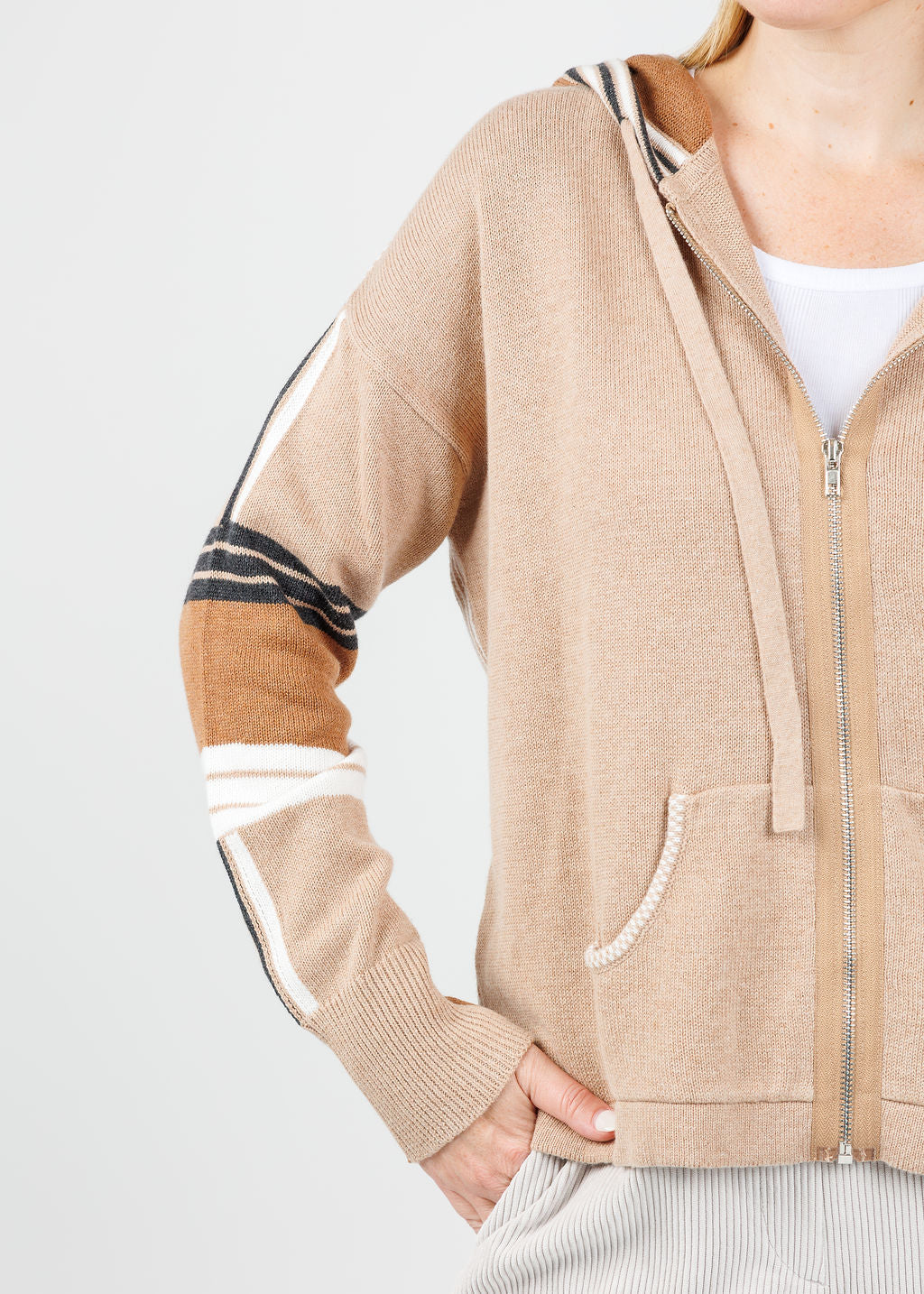 Zaket & Plover Vivian Stripes Zip Up Hoodie in Oatmeal available at Barbara Katz
