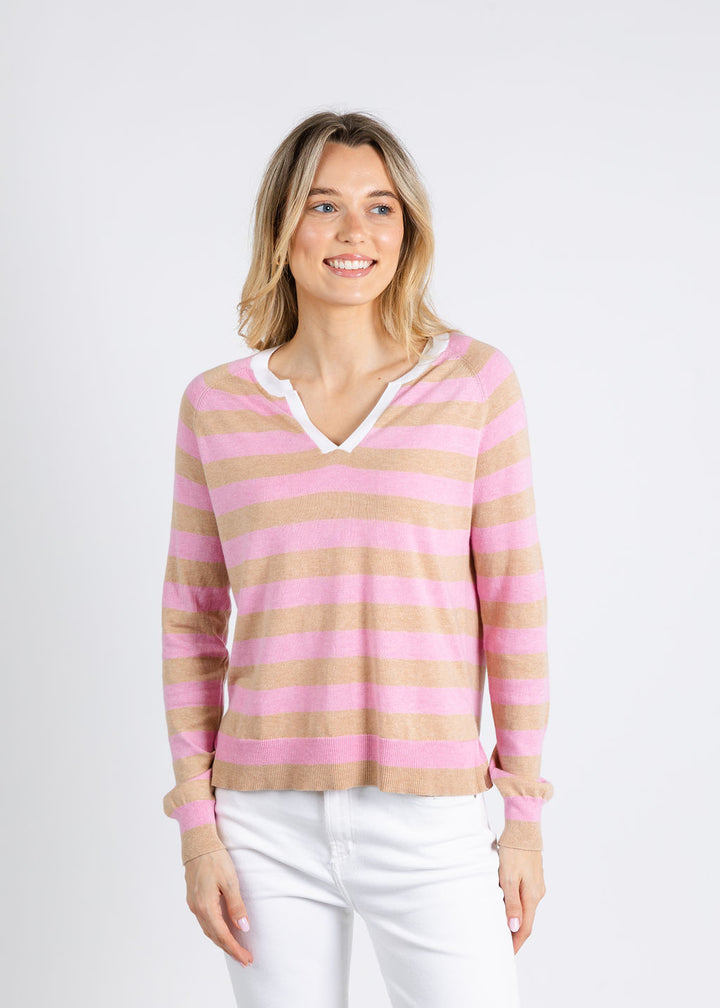 Zaket & Plover Zulma Stripe Henley Sweater in Biscuit available at Barbara Katz