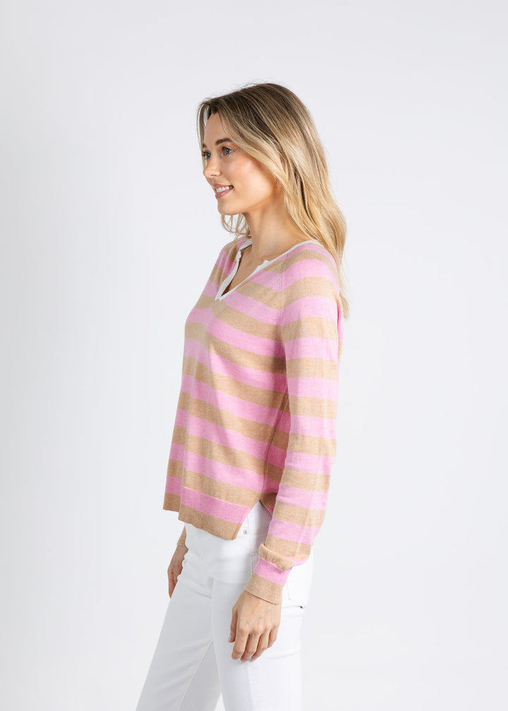 Zaket & Plover Zulma Stripe Henley Sweater in Biscuit available at Barbara Katz