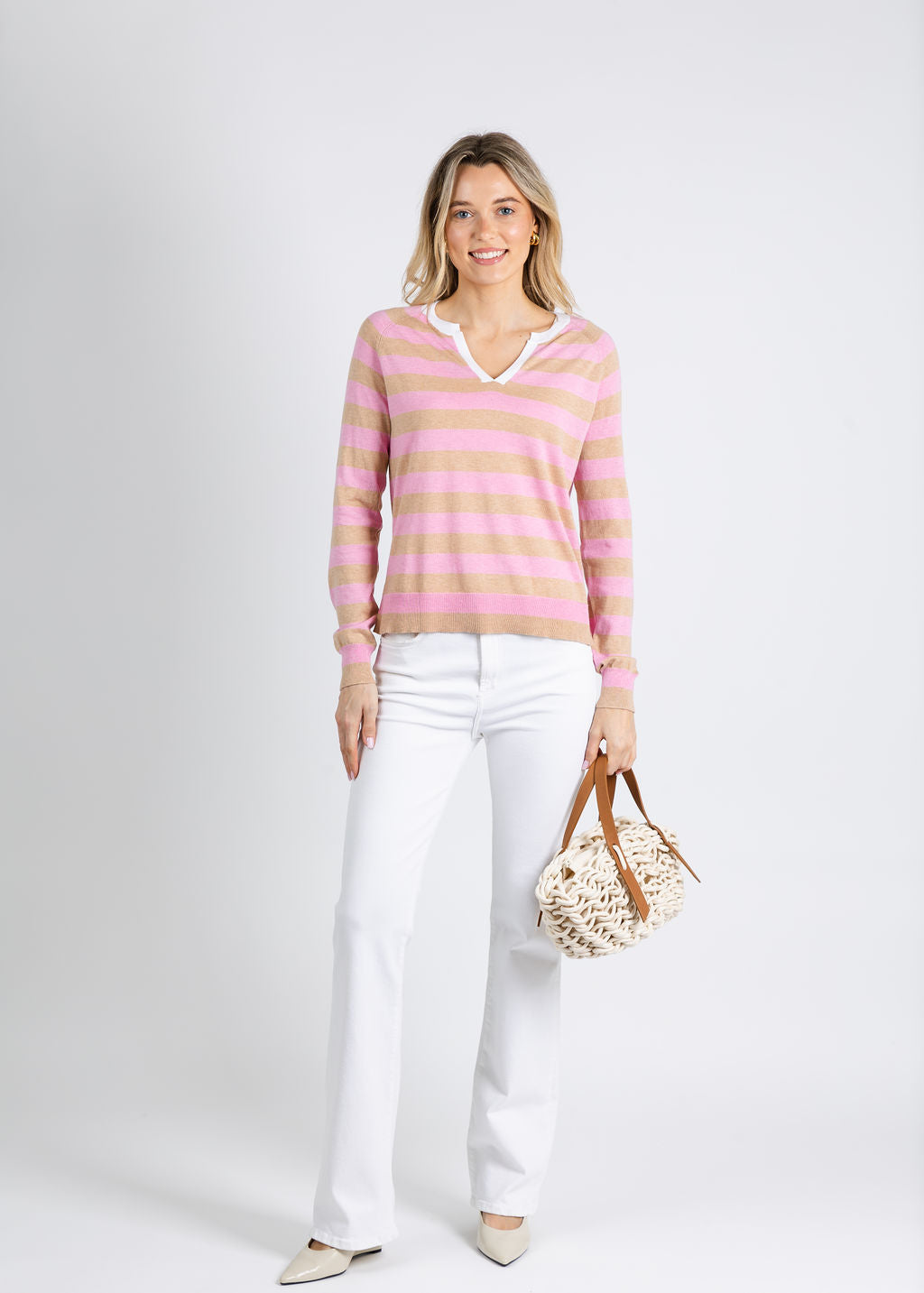 Zaket & Plover Zulma Stripe Henley Sweater in Biscuit available at Barbara Katz