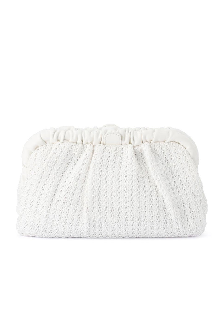 Olga Berg Amalia Pleated Woven Clutch Bag in White available at Barbara Katz