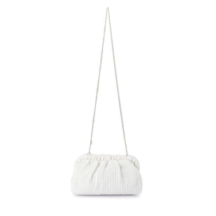 Olga Berg Amalia Pleated Woven Clutch Bag in White available at Barbara Katz