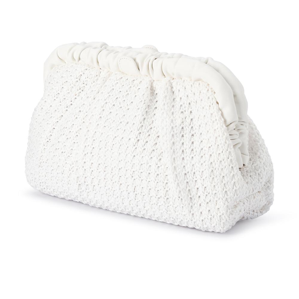 Olga Berg Amalia Pleated Woven Clutch Bag in White available at Barbara Katz