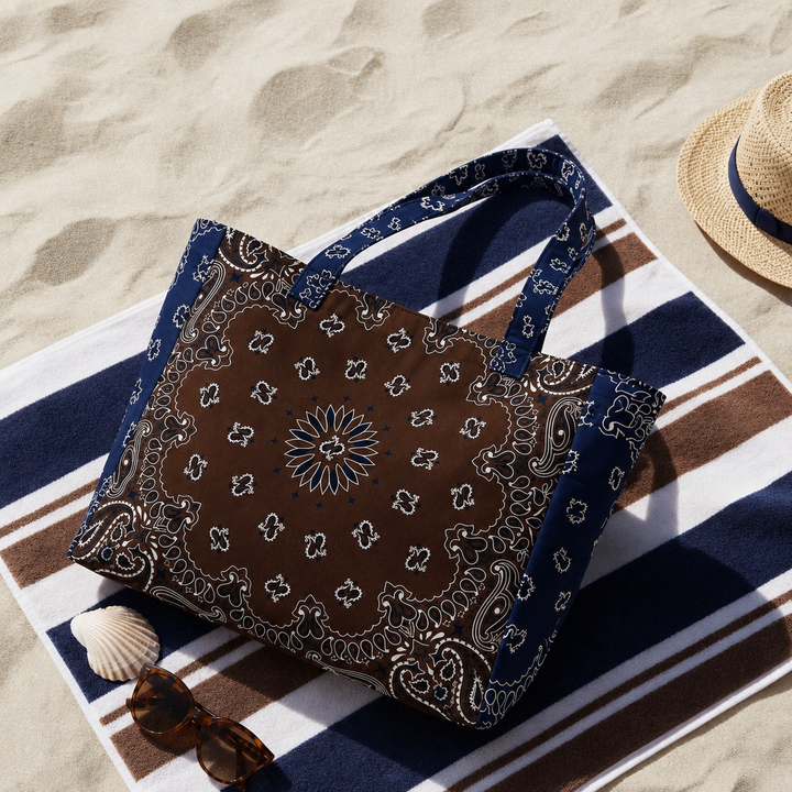 Haute Shore Bailey Bandana Print Canvas Tote in Brown/Navy available at Barbara Katz