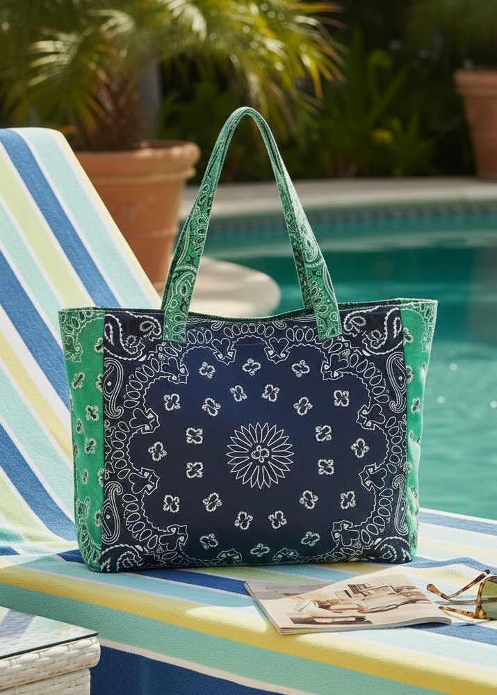Haute Shore Bailey Bandana Print Canvas Tote in Navy/Green available at Barbara Katz