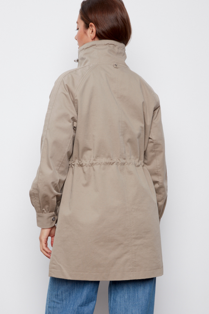 Adroit Atelier Callie Canvas Anorak With High Mock Neck in Taupe available at Barbara Katz
