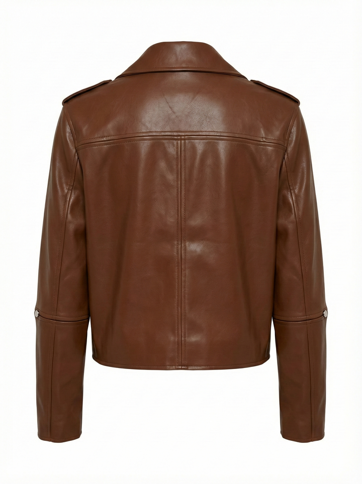 Adroit Atelier Camille Open Front Vegan Leather Jacket in Chestnut available at Barbara Katz