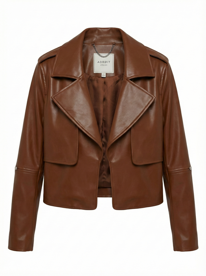 Adroit Atelier Camille Open Front Vegan Leather Jacket in Chestnut available at Barbara Katz