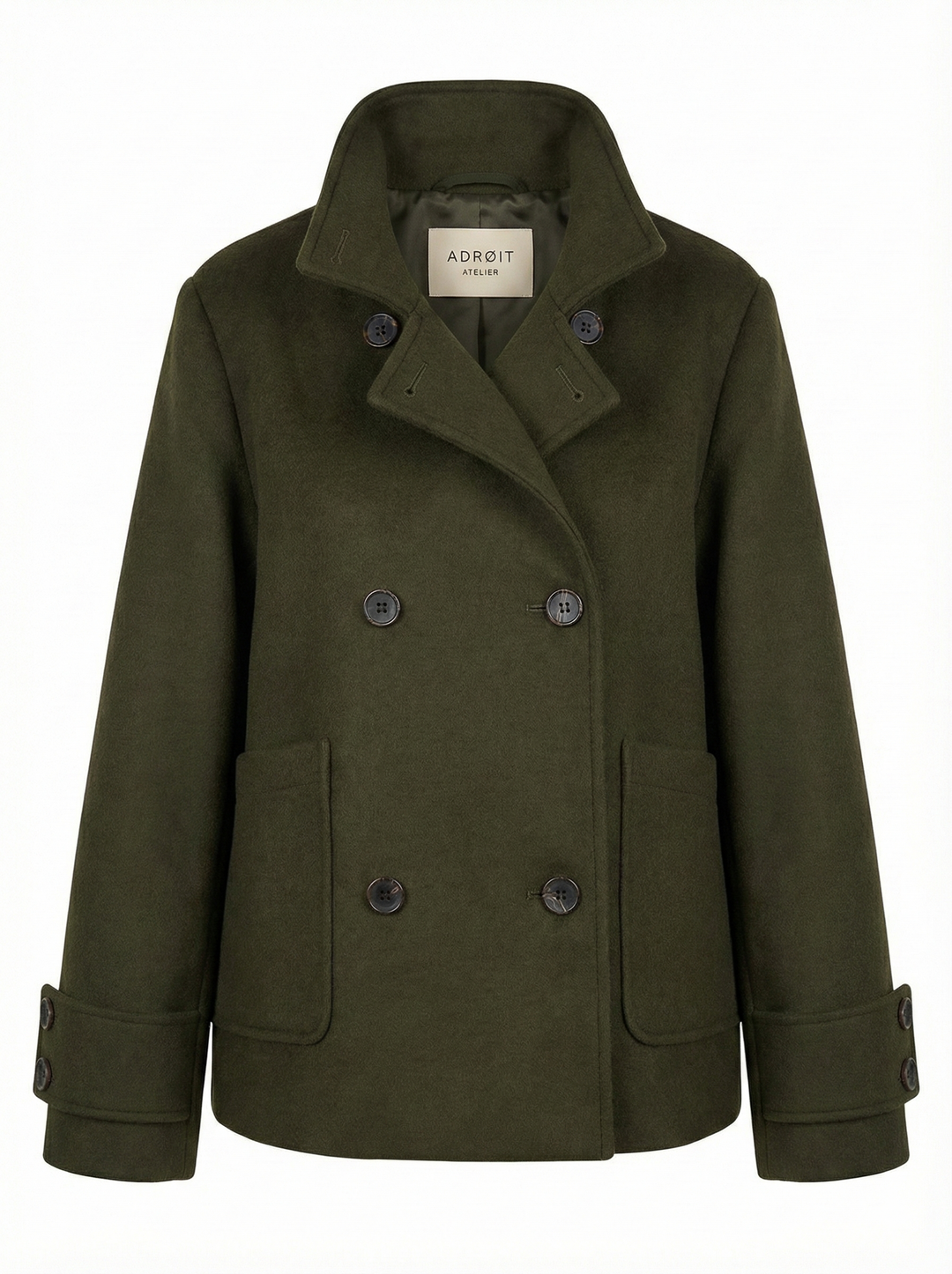 Adroit Atelier Dakota Double Breasted Funnel Neck Short Jacket in Dark Olive available at Barbara Katz