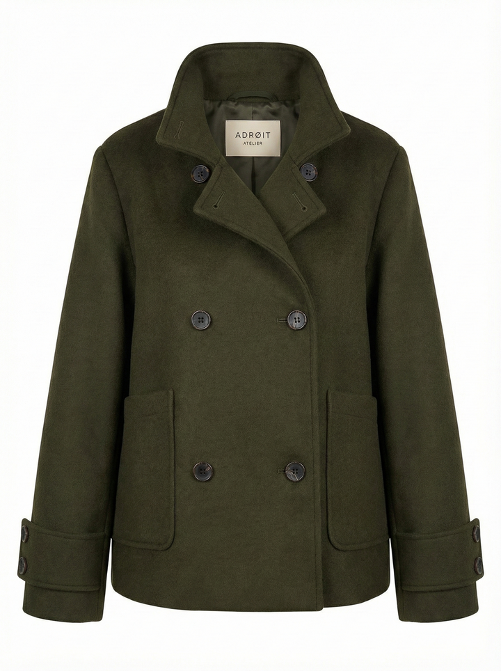 Adroit Atelier Dakota Double Breasted Funnel Neck Short Jacket in Dark Olive available at Barbara Katz