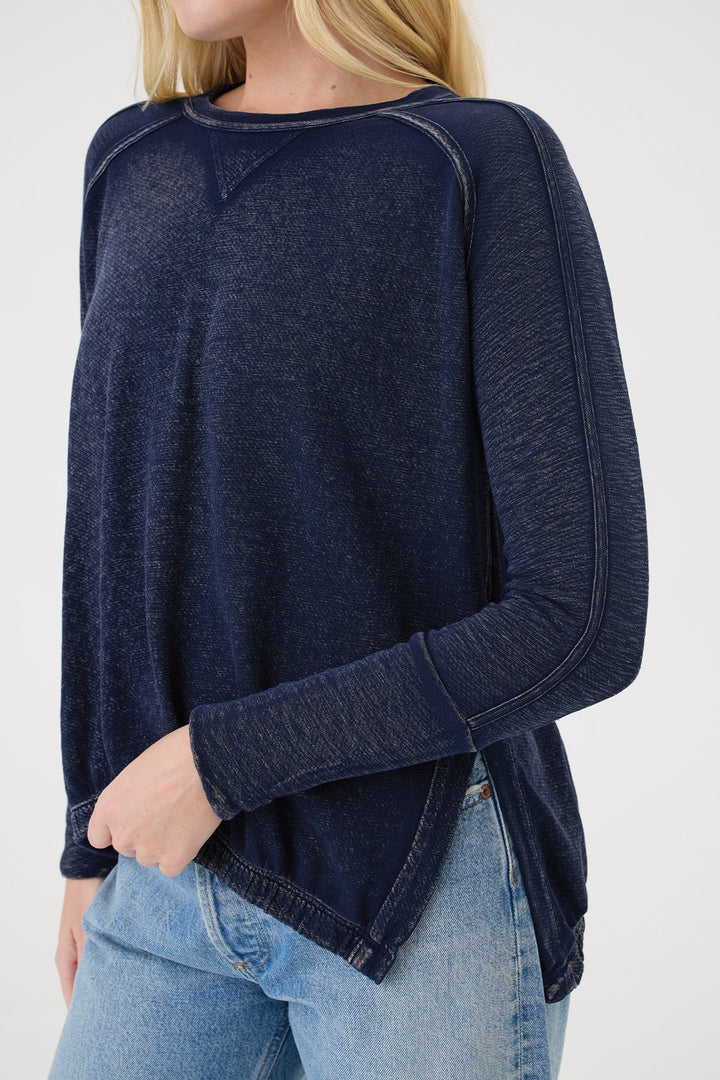 Goldie Denim Wash High Low Sweatshirt in Navy available at Barbara Katz