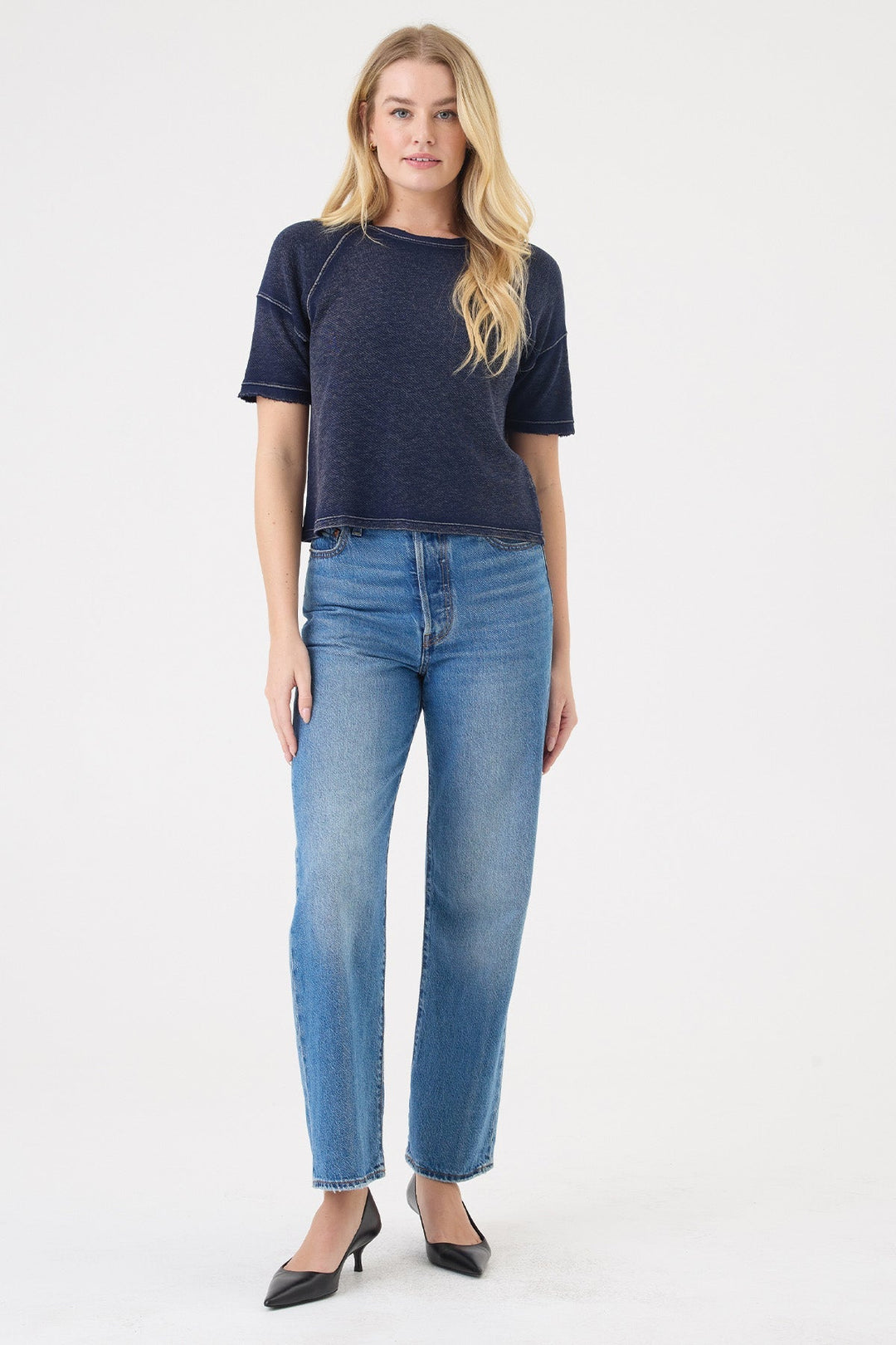 Goldie Denim Wash Raglan Top in Navy available at Barbara Katz
