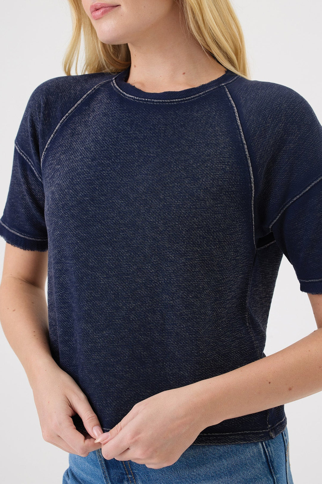 Goldie Denim Wash Raglan Top in Navy available at Barbara Katz
