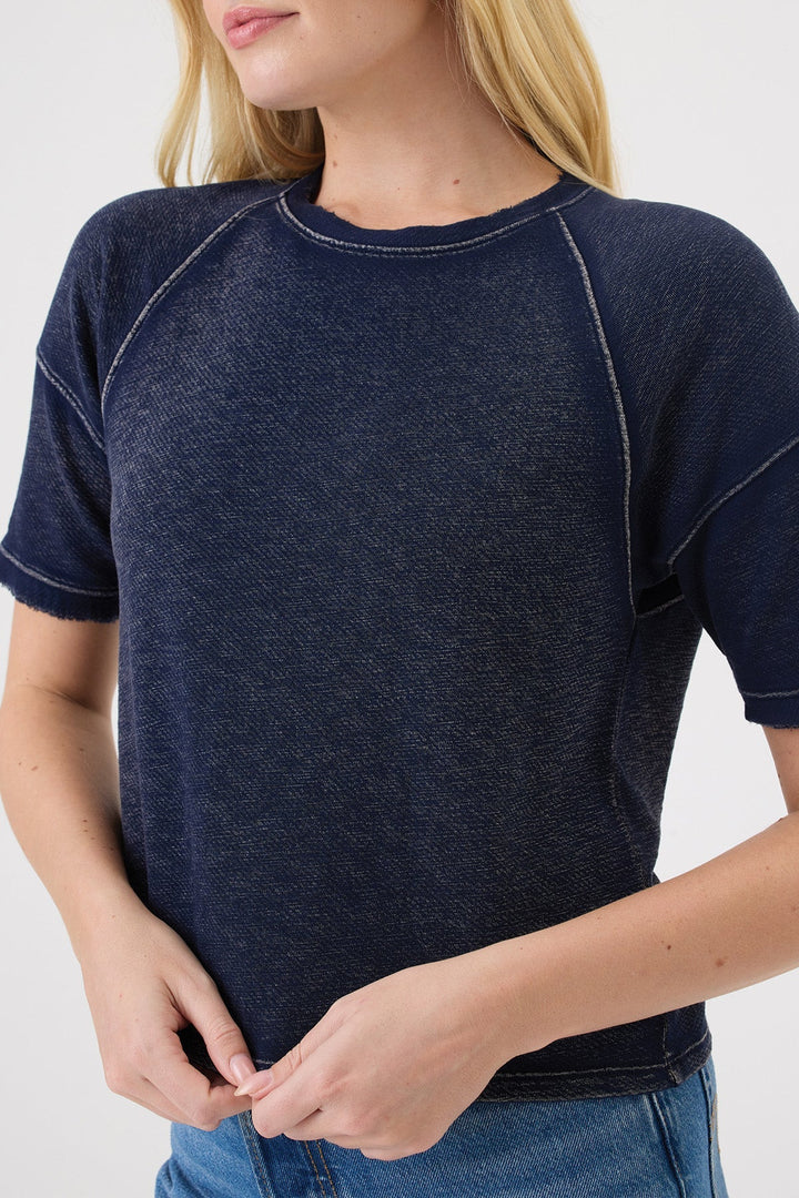 Goldie Denim Wash Raglan Top in Navy available at Barbara Katz
