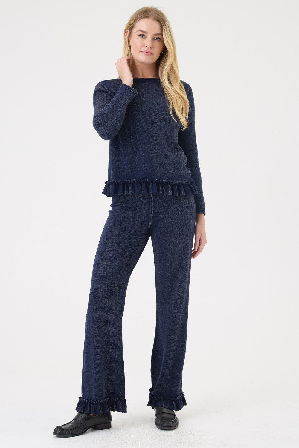 Goldie Denim Wash Ruffle Pants in Navy available at Barbara Katz