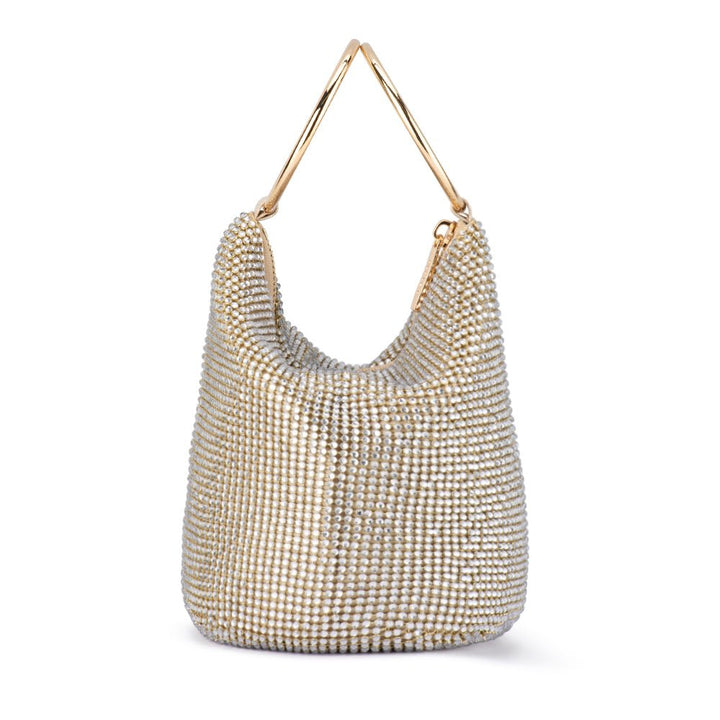 Olga Berg Ellie Crystal Mesh Handle Bag in Champagne available at Barbara Katz