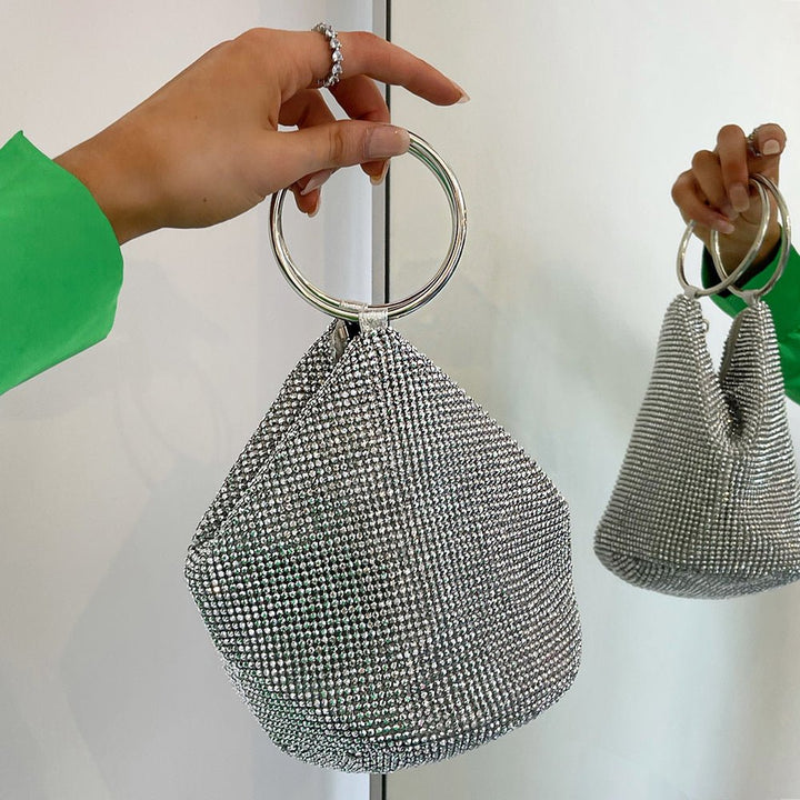 Olga Berg Ellie Crystal Mesh Handle Bag in Silver available at Barbara Katz