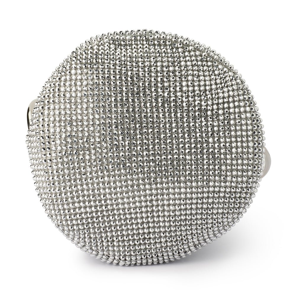 Olga Berg Ellie Crystal Mesh Handle Bag in Silver available at Barbara Katz