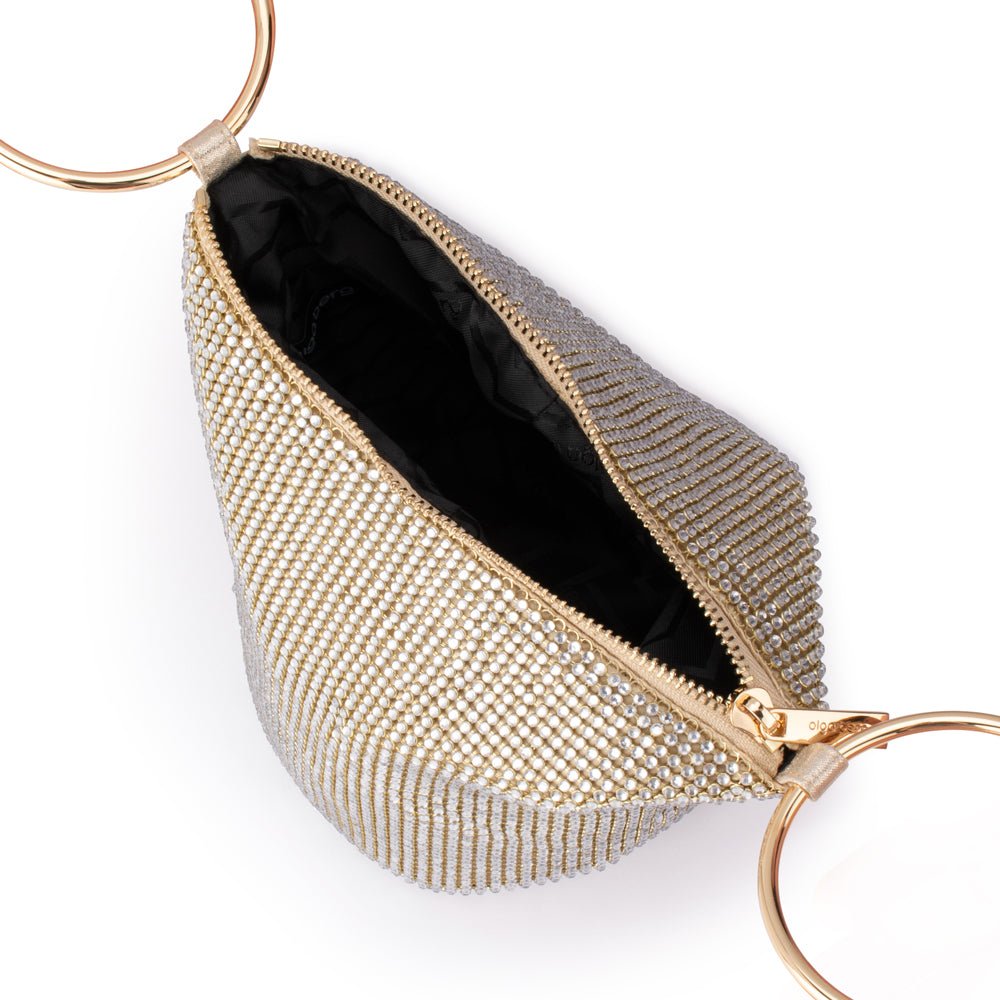 Olga Berg Ellie Crystal Mesh Handle Bag in Champagne available at Barbara Katz