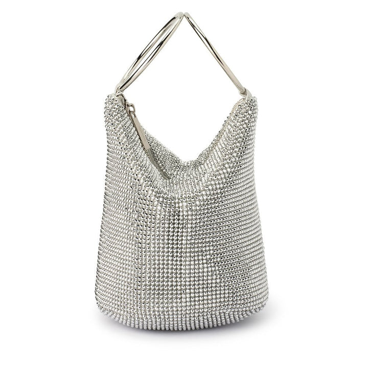 Olga Berg Ellie Crystal Mesh Handle Bag in Silver available at Barbara Katz