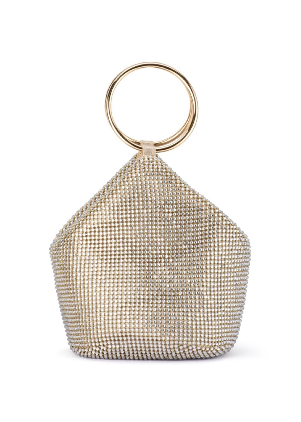 Olga Berg Ellie Crystal Mesh Handle Bag in Champagne available at Barbara Katz