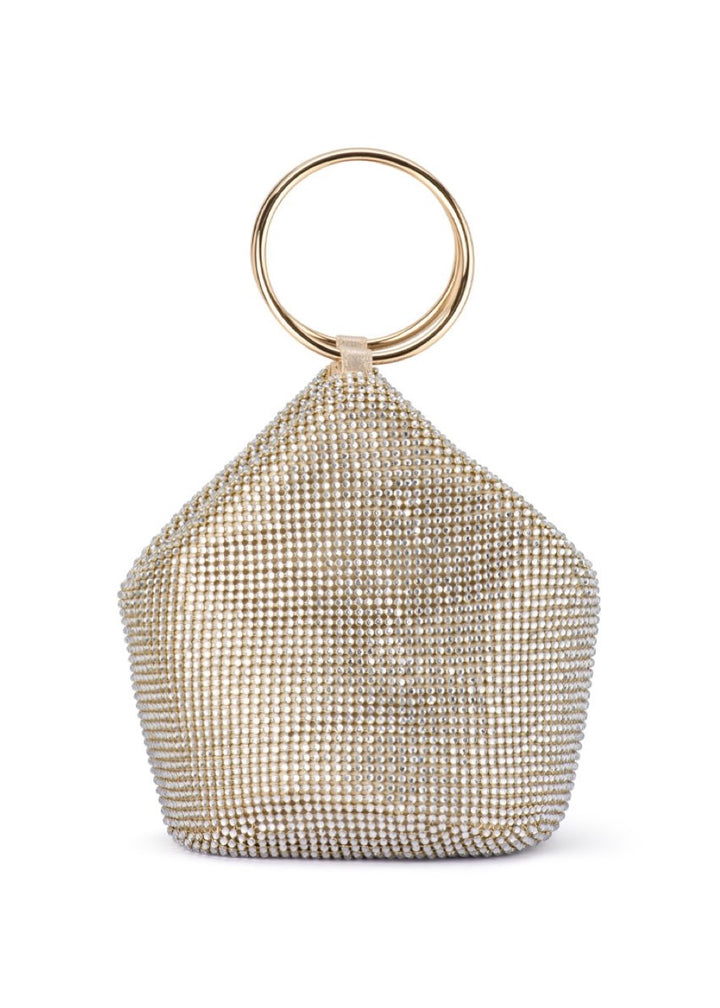Olga Berg Ellie Crystal Mesh Handle Bag in Champagne available at Barbara Katz