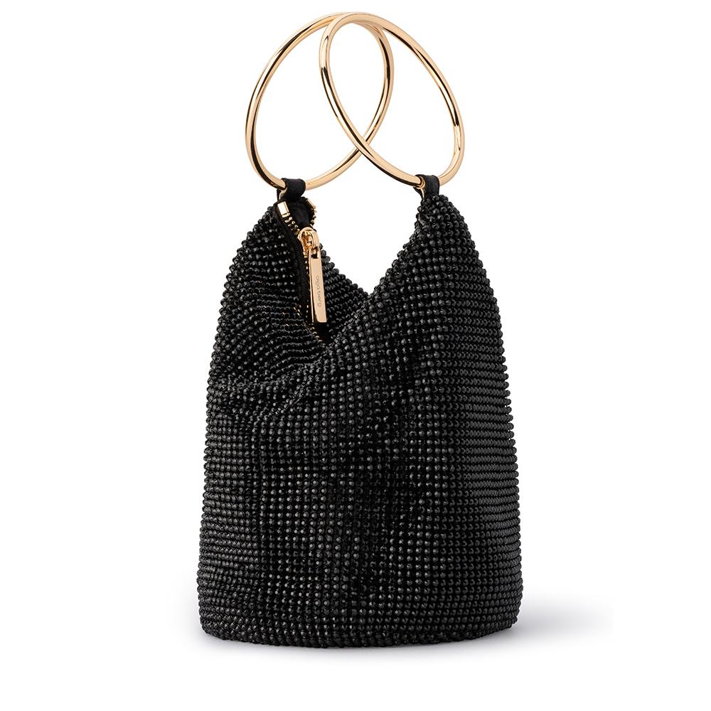 Olga Berg Ellie Crystal Mesh Handle Bag in Black available at Barbara Katz