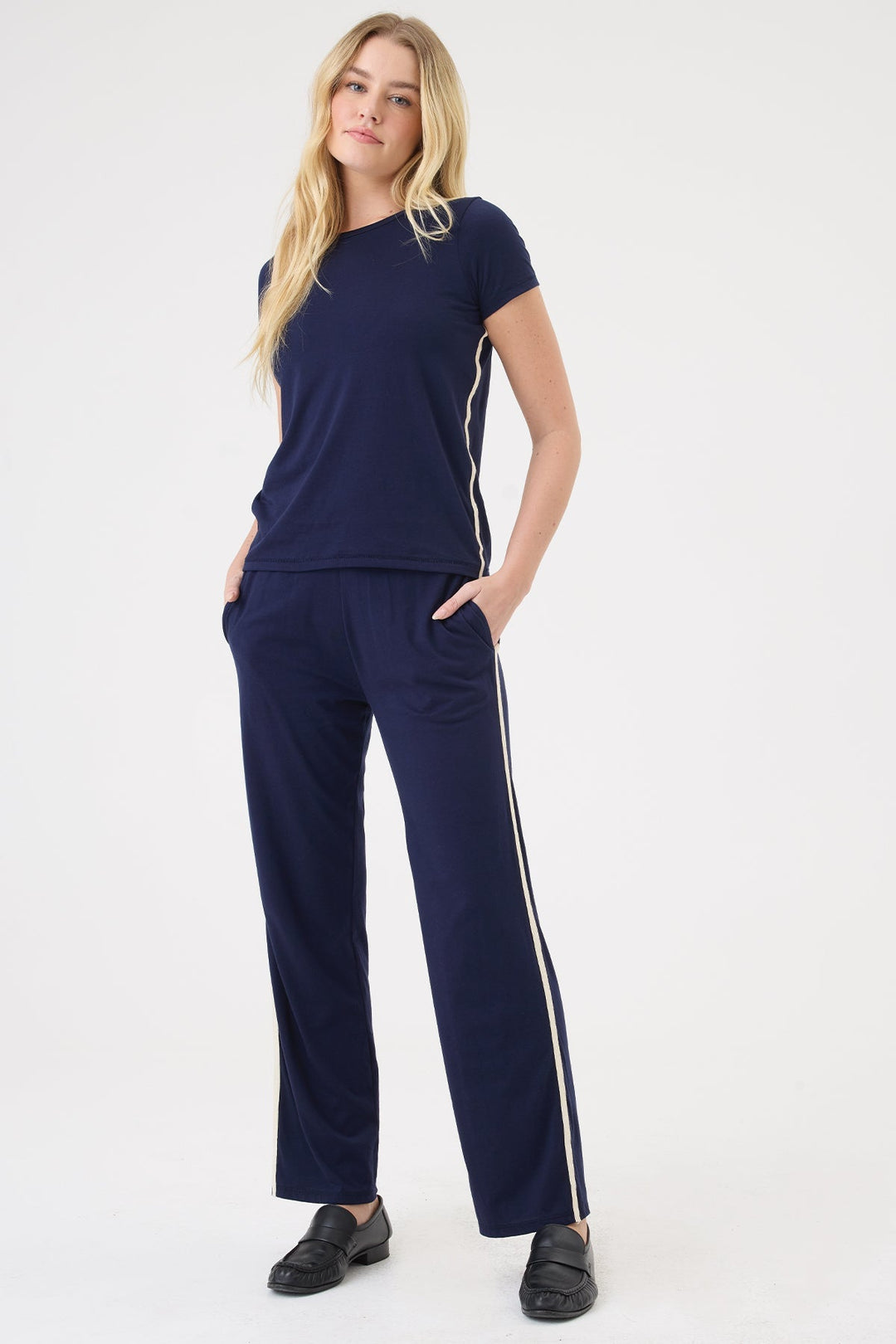 Goldie St. Tropez Tee in Navy paired with matching Goldie Easy Everyday Pants in Navy available at Barbara Katz