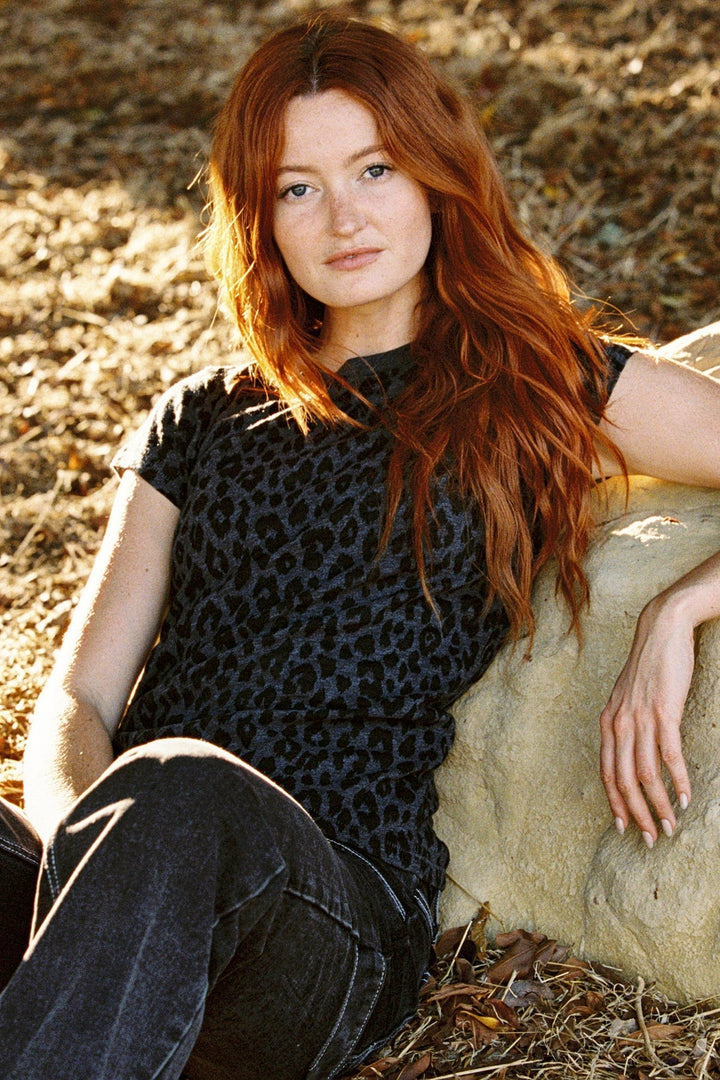 Goldie Leopard Fauve Ringer Tee in Charcoal available at Barbara Katz