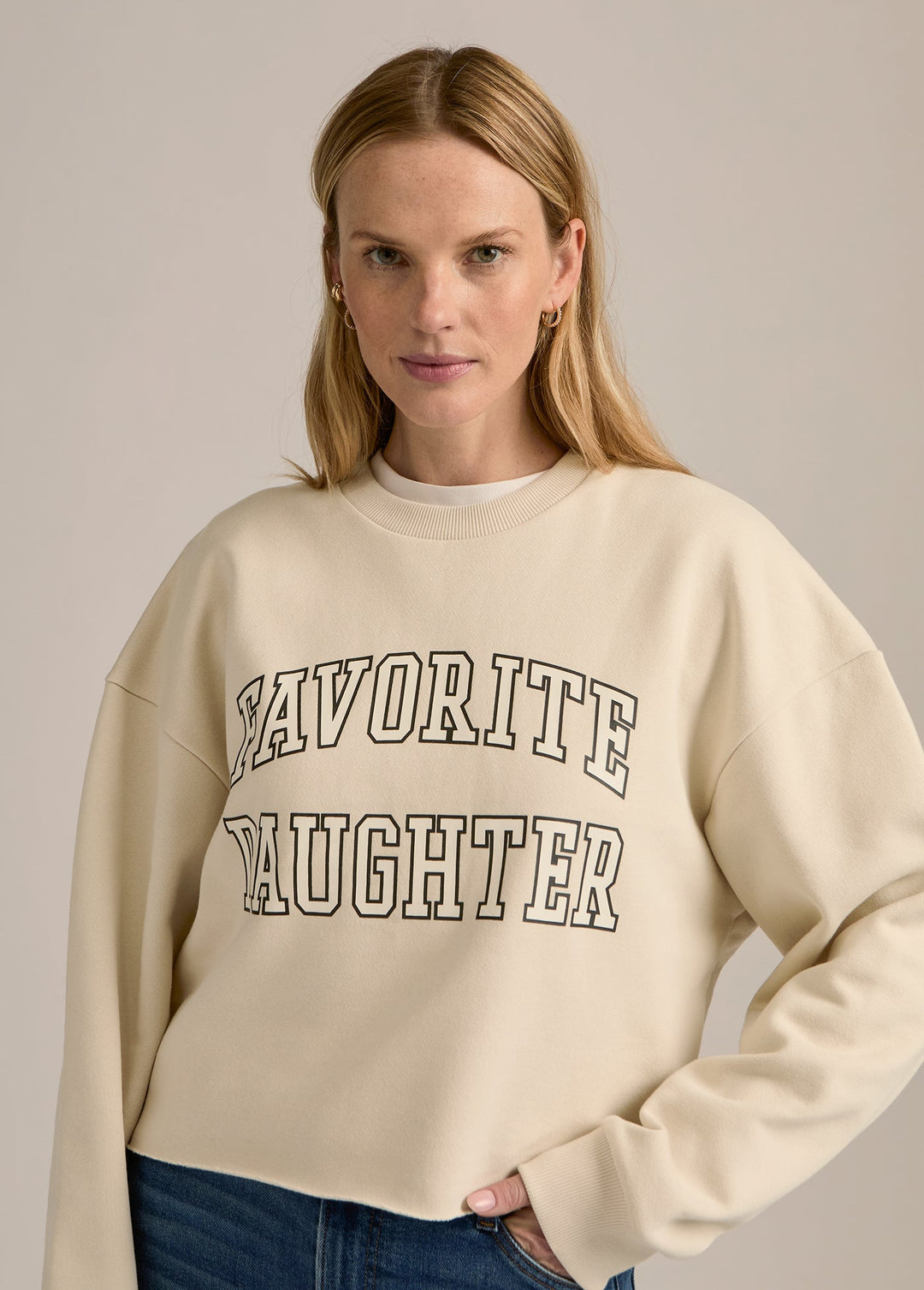 Favorite Daughter Cropped Collegiate Sweatshirt in French Oak/Snow White available at Barbara Katz