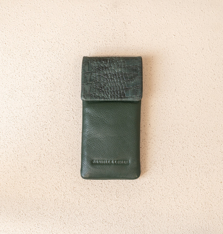 Daniella Lehavi Iris Double Glasses Case in Green Croco available at Barbara Katz