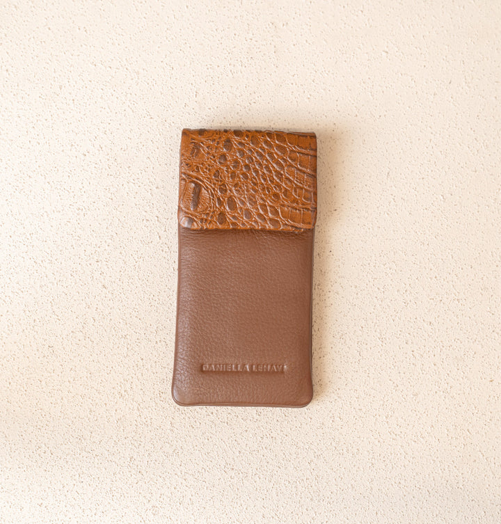 Daniella Lehavi Iris Double Glasses Case in Camel Croco available at Barbara Katz