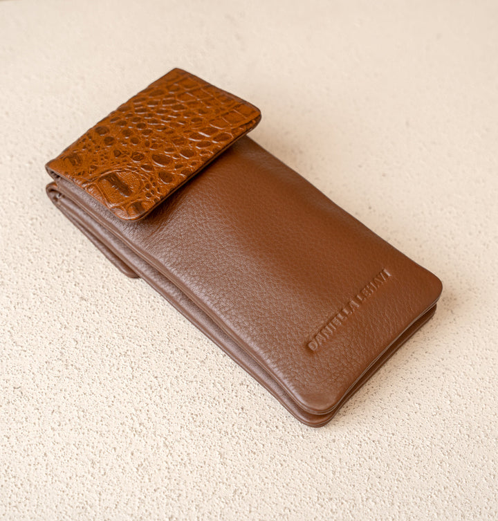 Daniella Lehavi Iris Double Glasses Case in Camel Croco available at Barbara Katz