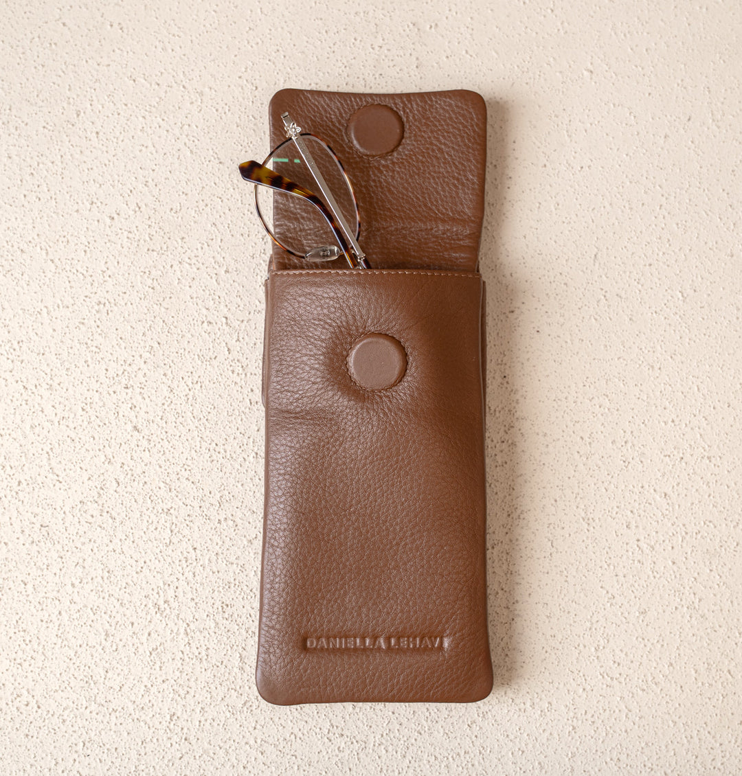 Daniella Lehavi Iris Double Glasses Case in Camel Croco available at Barbara Katz